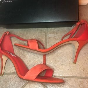 🆕 Orange Suede Two Part Mid Heel Sandals